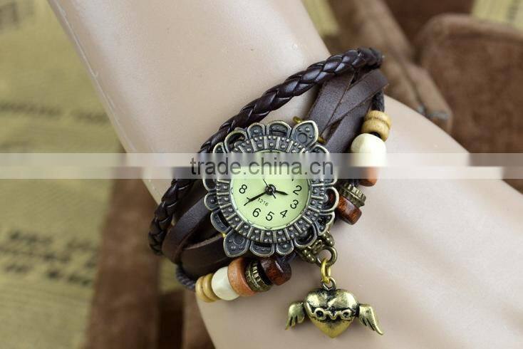 wholesale New style Retro metal Fashion Leather Bracelet Water Quartz Hand Clock Women Wrist Watch ,antique gold filled watch