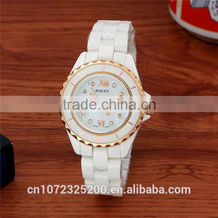2016 BOSCEN Ladies Fashion White Ceramic Crystal Diamond Watches 3atm Water Resistant