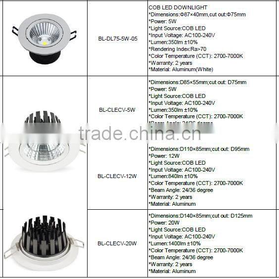 Super bright adjustable 80lm/W 5W cob led downlight