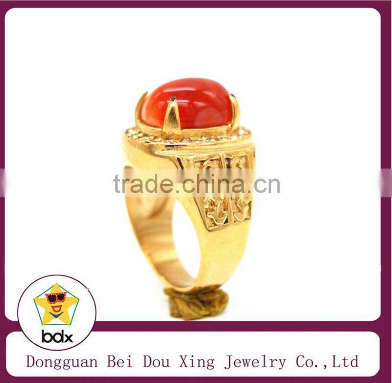 new products 2015 stainless steel rings, garnet stone with gold plated steel ring