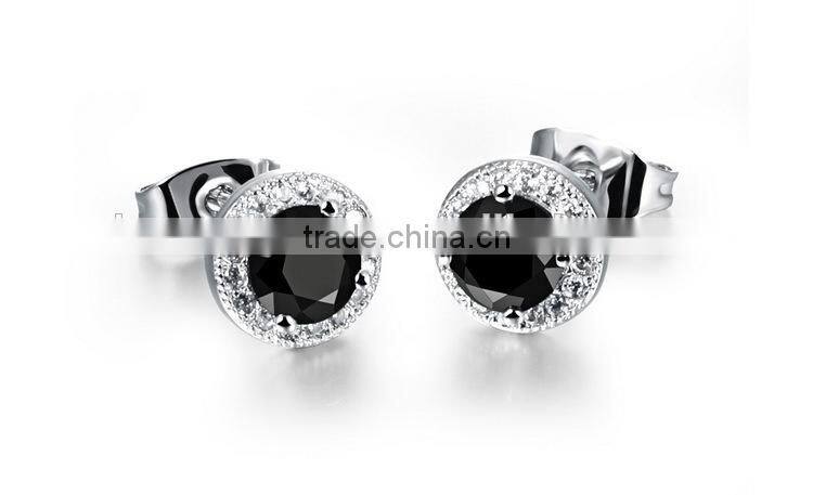 KSTONE 2015 shiny white gold stud earring with CZ black stone