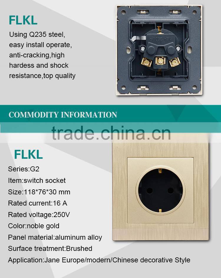 European standard luxury style gold pc panel 2 pole pin socket outlet and plug