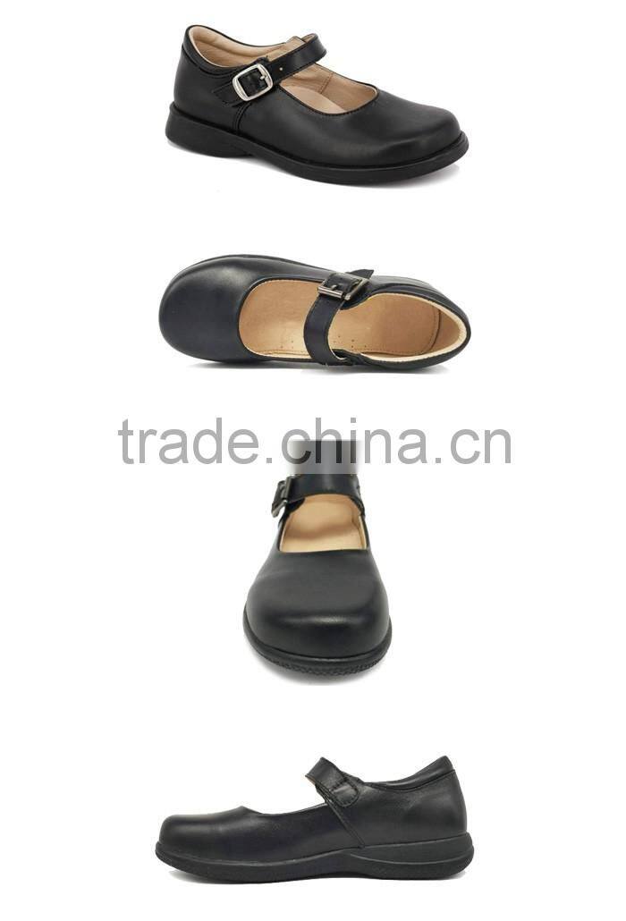 2016 High Quality OEM Buckle Black Leather School Shoes Girl with Rubber Sole