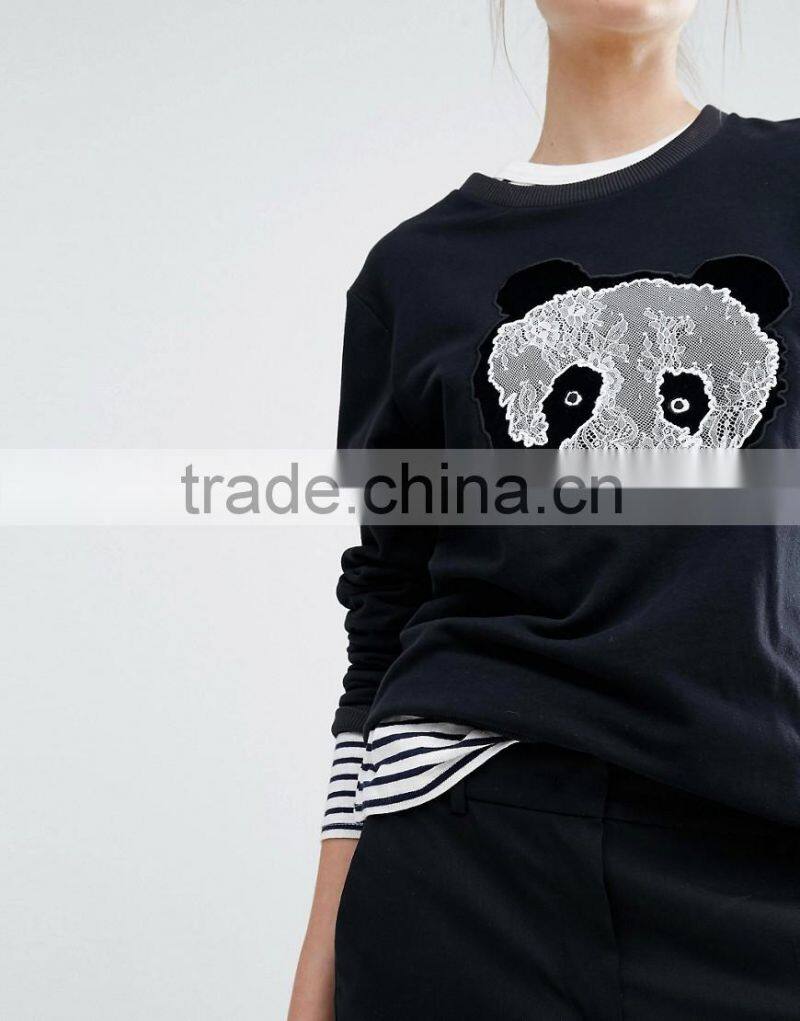 high quality with stripe on the right hem women 100% cotton blcak casual panda hoodies