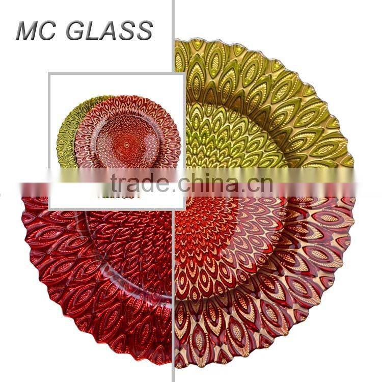 Hot New Wedding Purplish Blue Peacock Design Glass Charger Plate Wholesale