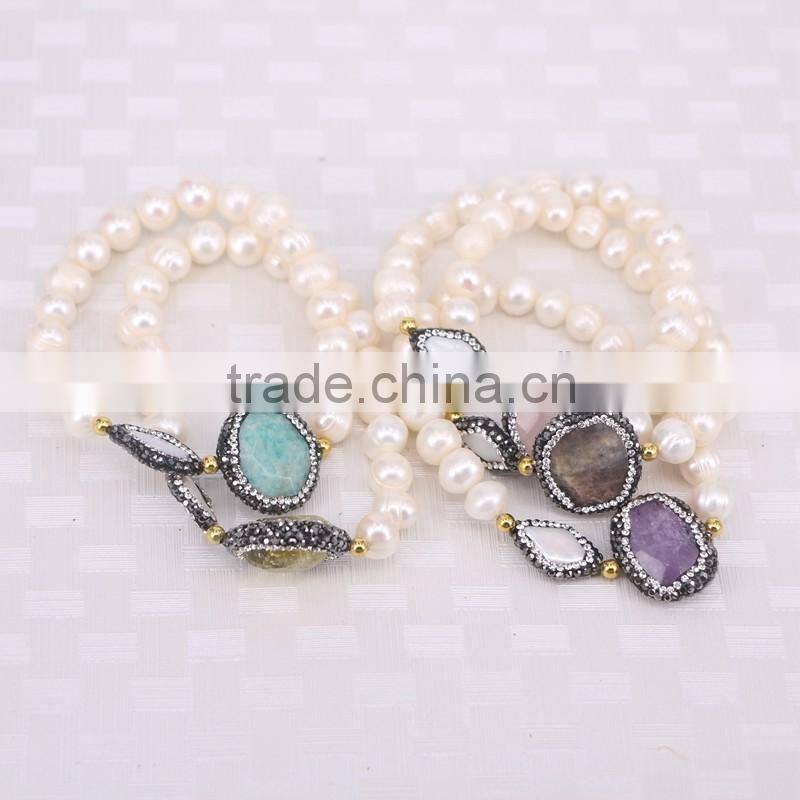 Freshwater Pearl Beads with Rhinestone Crystal Gemstone Connector Spacer Beads Bracelets, Pearl Jewelry Druzy Bracelet