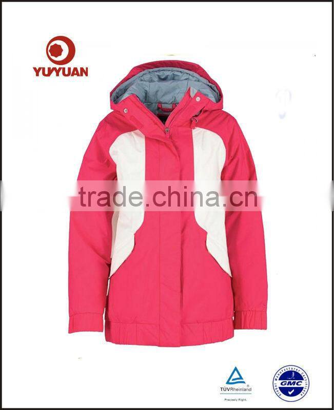 Ladies customized pink pretty design outdoor ski jacket with fixed hood to keep warm