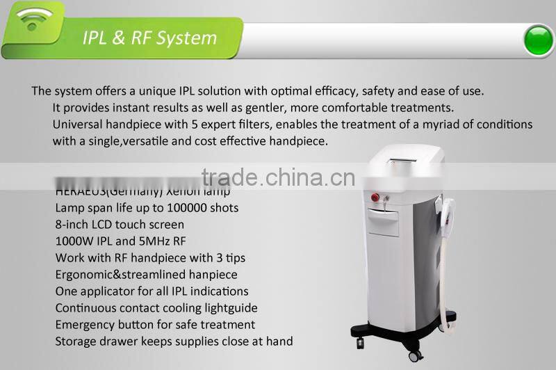Multifunctional IPL machine,a unique IPL solution with HERAEUS(Germany)Xenon lamp,used for hair removal and photorejuvenation.