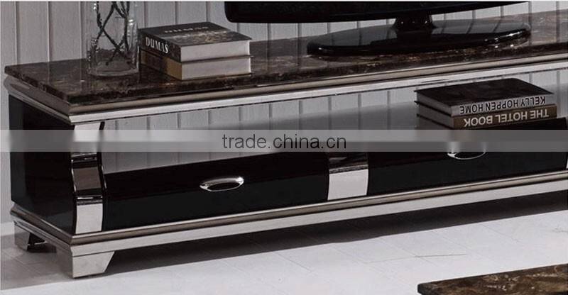 E1073 royal luxury high gloss stainless steel TV stand/cabinet design with marble top