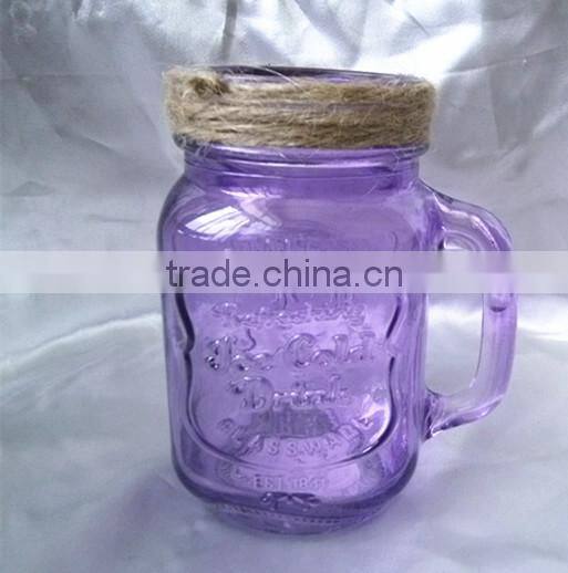 Blue Color Fruit Canning Square Pattern Handled Glass Mason Jar