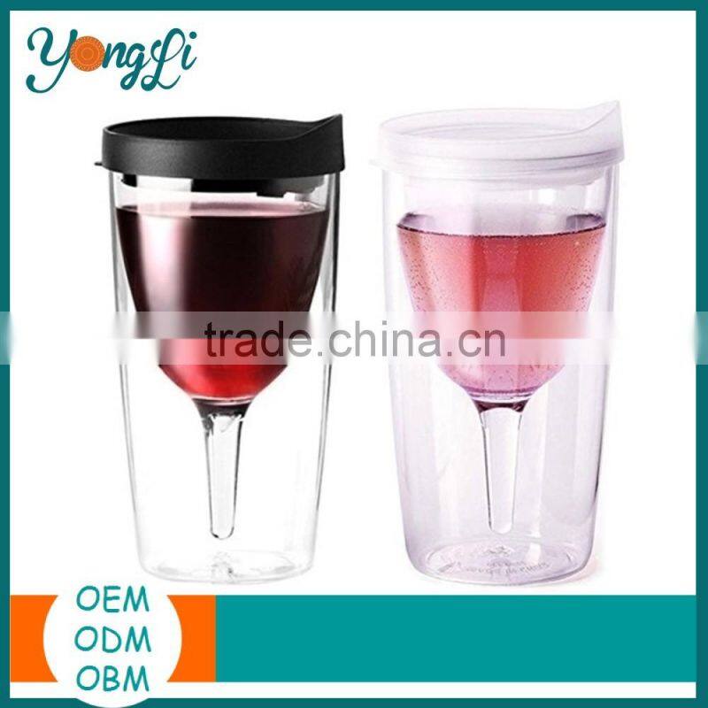 Through Lid Double Walled Plastic Wine Glasses Tumbler Cup