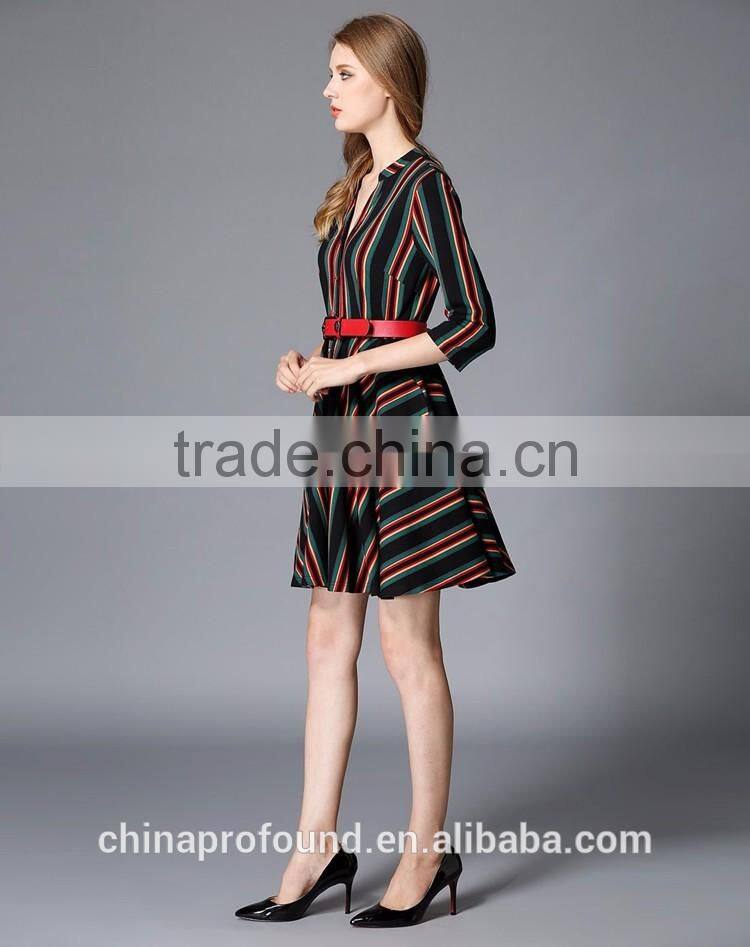 New Fashion Designer Lady Women's Dresses Striped Long Sleeve Shirt Dress