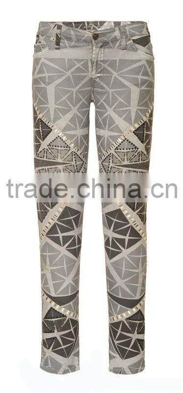 newest fashion jeans print pattern beaded capris skinny pictures sexy jeans women