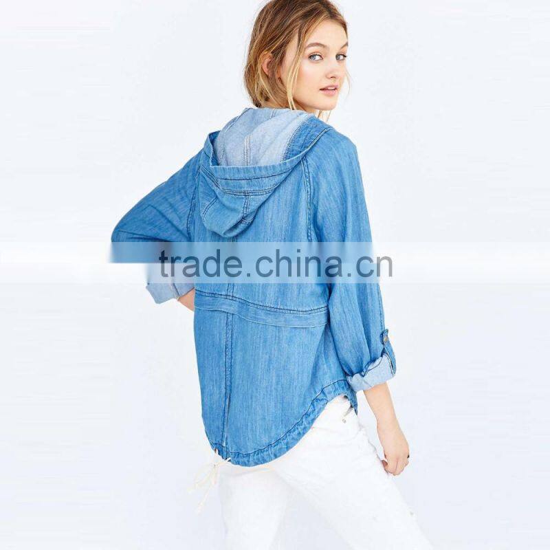 zip up women denim jacket oversized with hoodies and curved hem