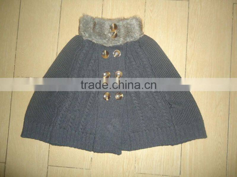 2016 winter fur collar cable knitted baby sweater ponchos
