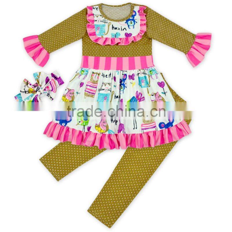 New Arrived 2pcs Children Clothing Set Stitching Printed Of Wood Ear Solid Color Leggings Cross Stitch Matching Girl Suit