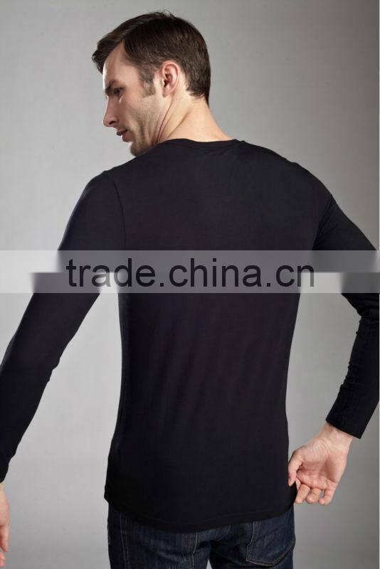 Plain slim fit black color bamboo long sleeves men t shirt / thin long sleeve t shirts T13326