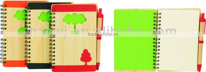 Bamboo wood cover spiral notebook A6 70grams 70sheets recycle paper cutout any shape with recycle paper pen