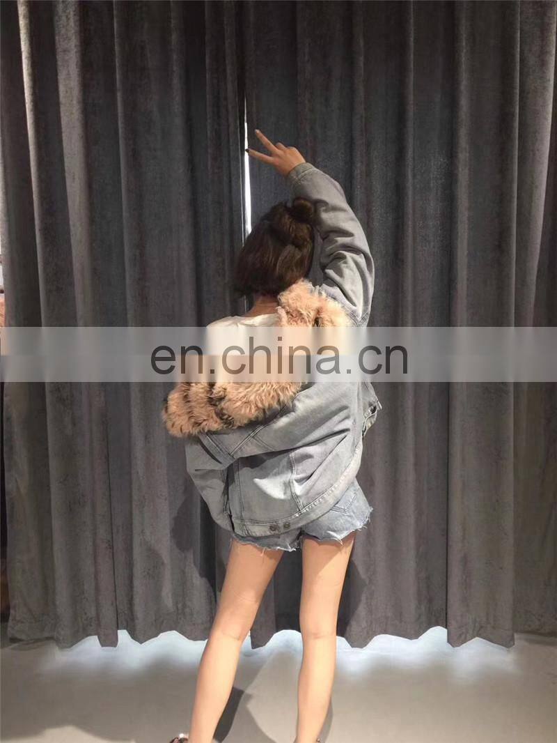 Fashion Wholesale Real Fur Lining Denim Jacket Women Lamb Fur Coat