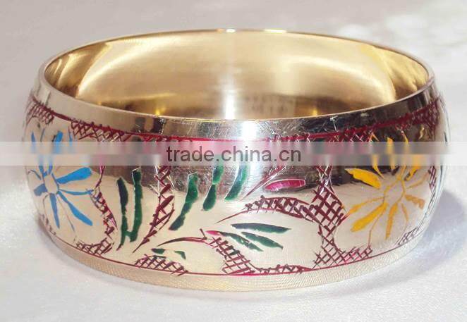 Turquoise Color Bone Chips Brass Bangle, Women Metal Bangle 11834