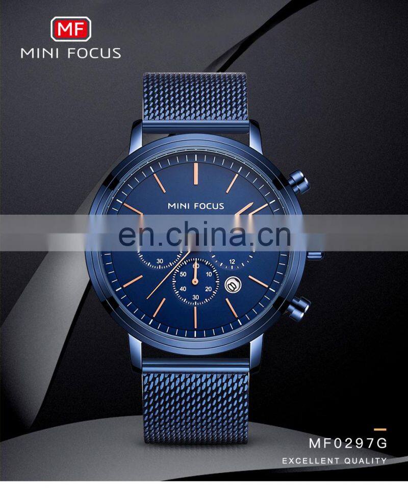 MINI FOCUS 0297G Fashion Men's Wrist Watches Luxury Design Quartz Watch Men 30m Waterproof Blue Stainless Steel Watch