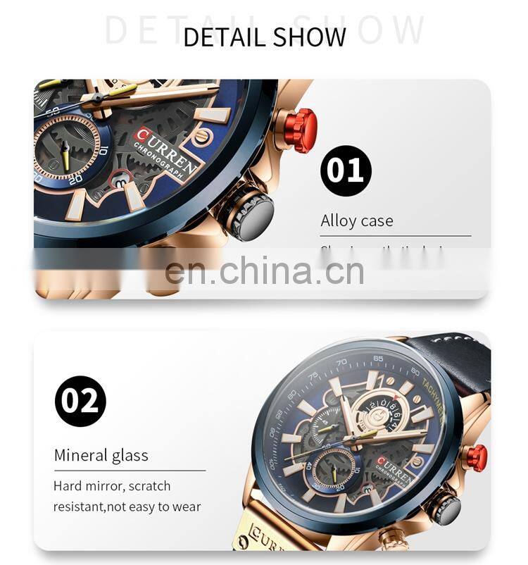 CURREN 8380 Top quality latest three eyes day date leather strap luminous analog quartz watch for men