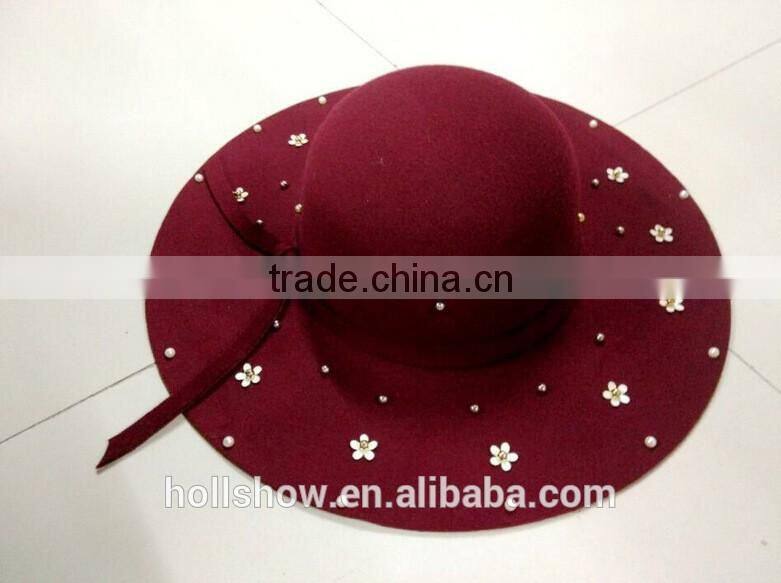 Fashion Women Flower Pearl Beaded Large Brim Trilby Fedora Hats with Ribbon