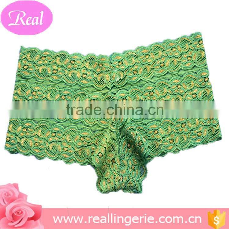 Sexy elegant transparent green golden color lace lingerie panty for ladies