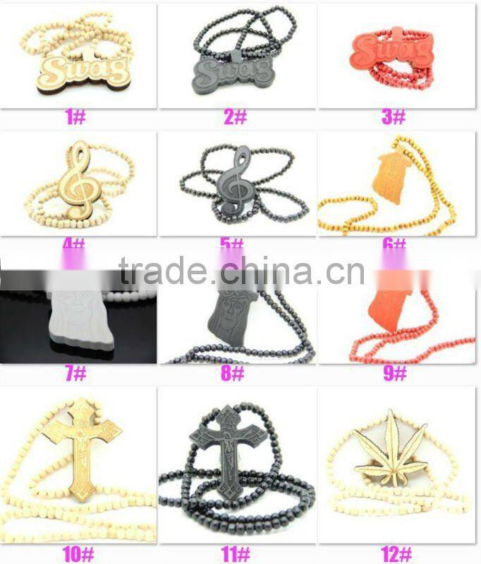 Hip Hop Face Wooden Beaded Pendant 36" Chain Necklace