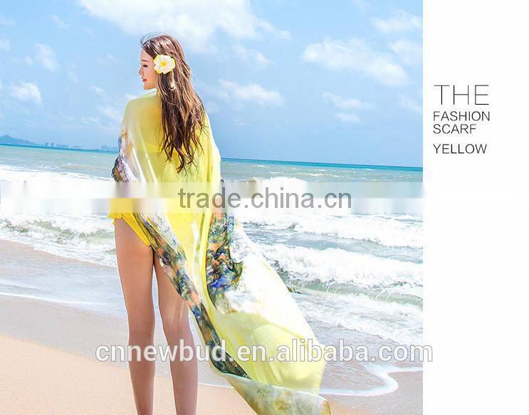 Hot selling 2015 lastest design imitated silk yellow beach holiday scarf
