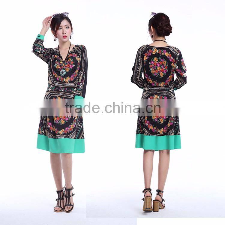 Cheap long sleeve digital print Chinese green raw silk evening dress wholesale