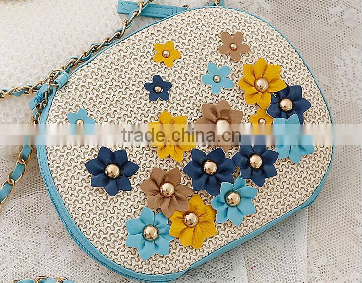 2016 Ladies Paper straw with flower lady straw basket beach bag with string