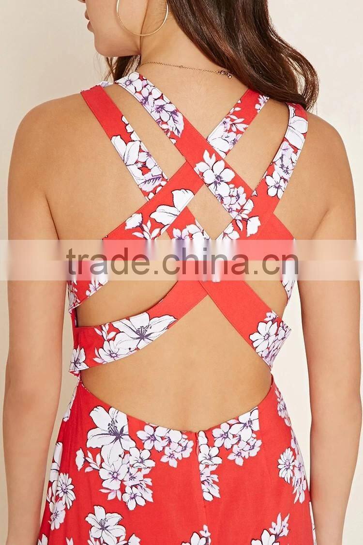 2016 Fashion Printed Floral Cutout-Back Maxi Dress For Women