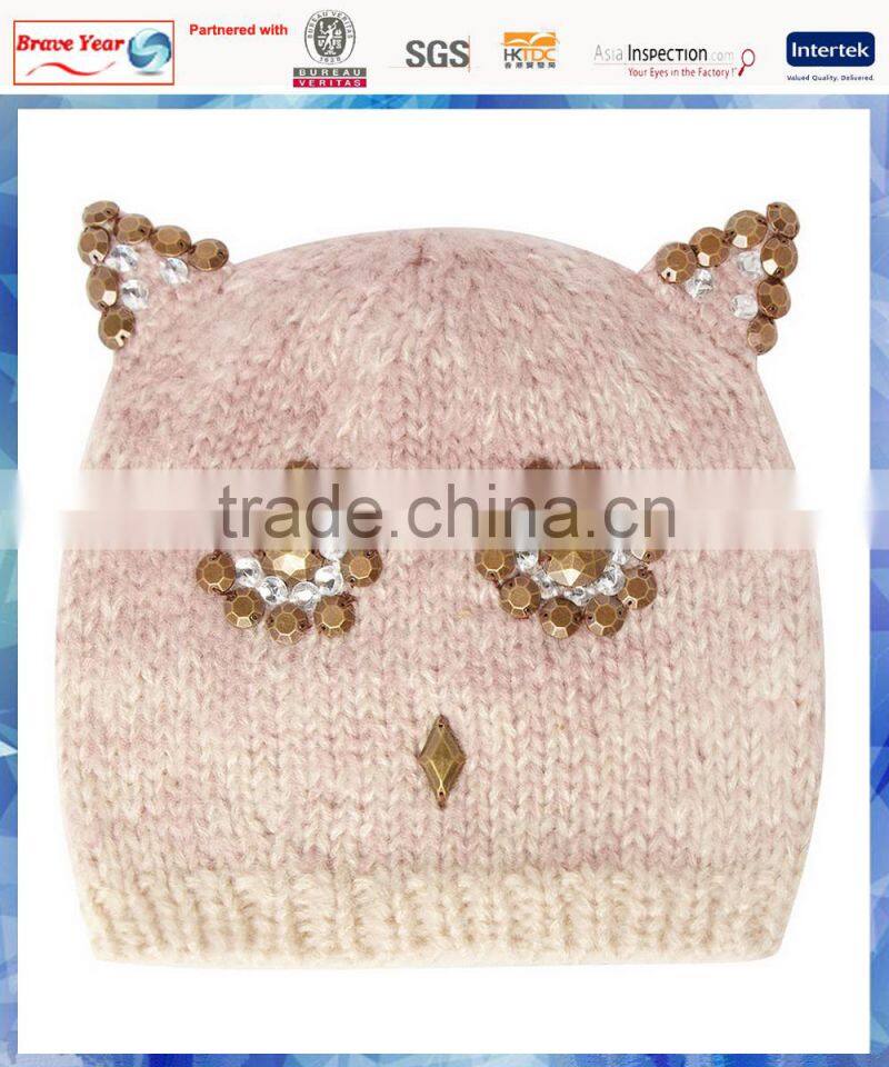 novelty owl face knitted hats made in china with studs ear nose and eyes