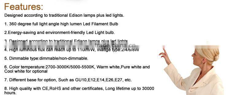 T38 energy saving lampquality 2200K /2600K/2700K led glass bulb filament bulb