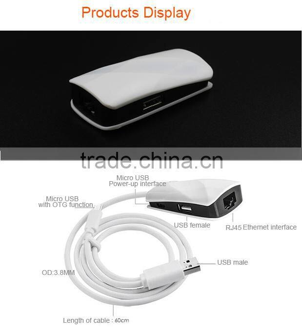 Patent products USB 2.0 to rj45 Ethernet adapter with OTG cable & 2 ports HUB for Chromebook Pixel plug and play