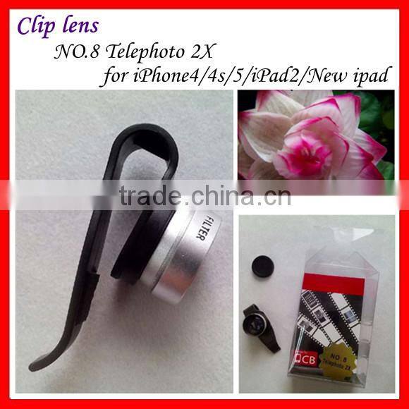 Universal clip lens telephoto 2x lens with clip for iphone4 iphone4s iphone5 ipad2 and new ipadlens with clip