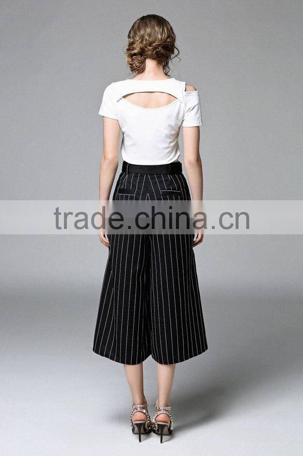 Two Pieces Set Women New Fashion Summer 2016 Ladies Off Shoulder T-Shirt Tops and Striped Print Wide Leg Pants