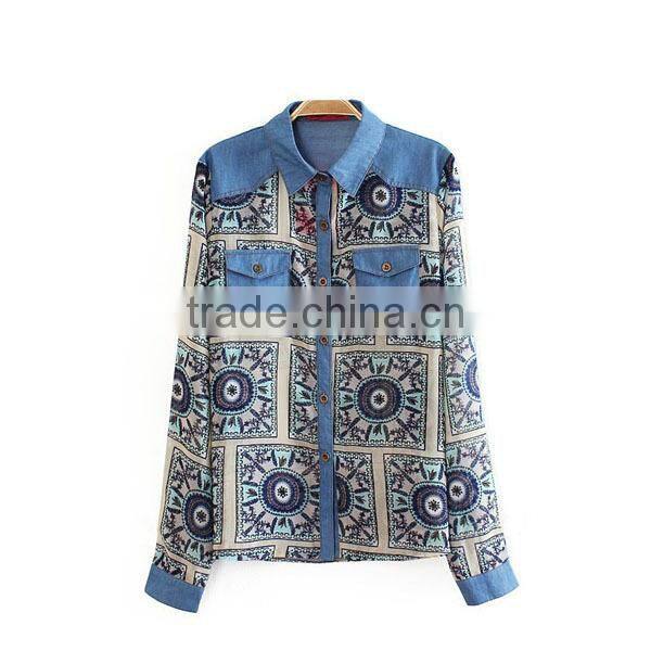 2015 Ladies' fashion long sleeves polyester print high quality direct factory elegant lace tops lehenga blouse designs