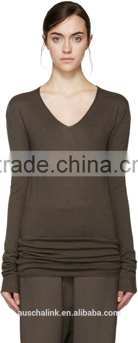 new style grey pure wool long sleeve V neck sweater design for girls