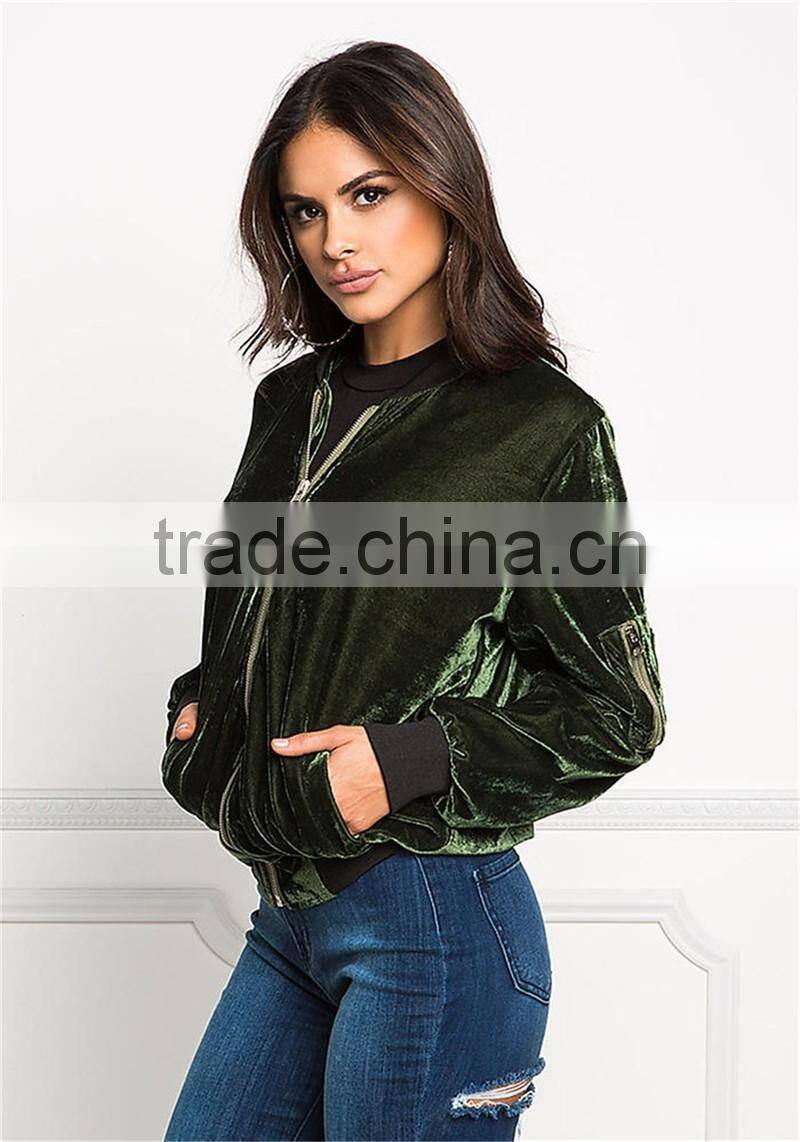 MGOO Custom Cheap Price Women Green Velvet Bomber Jackets Long Sleeves Zip Up Plain Fashion Winter Coat