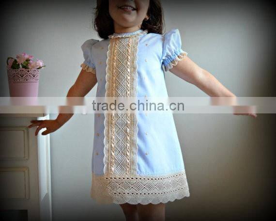 2017 Boutique Girl Clothing Baby Kids Princess Blue Lace Cap Sleeve Cotton Dress