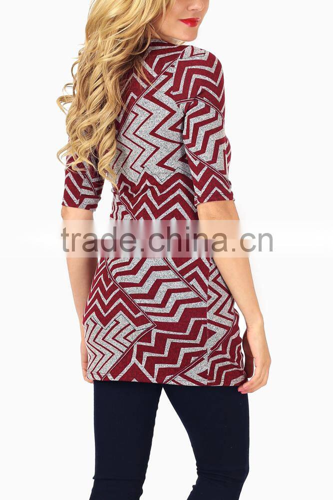 CHINESE MANUFACTURER BURGUNDY GREY GEOMETRIC CHEVRON PRINTED MATERNITY TOP