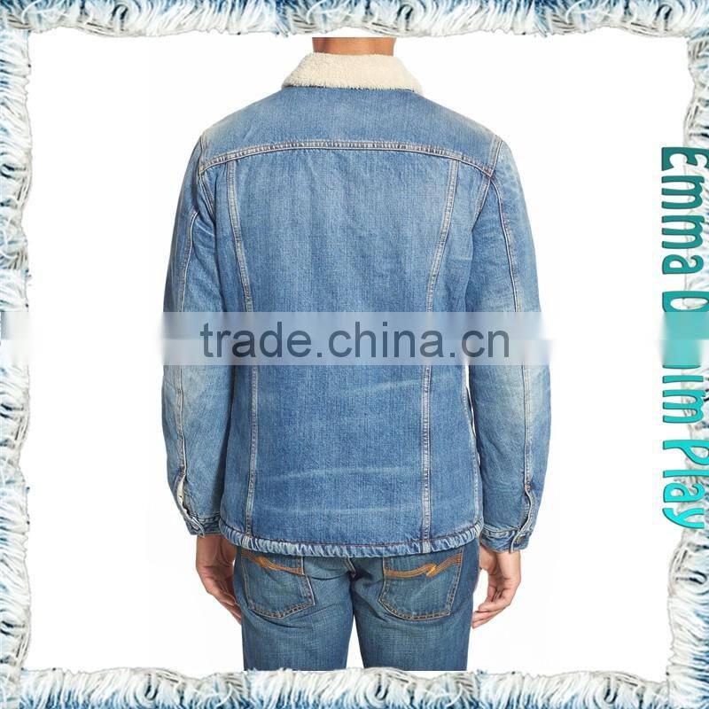 2016 Wholesale Men's Raw Blue Slim Long Sleeve Thick Fleece Lined Winter Denim Jackets