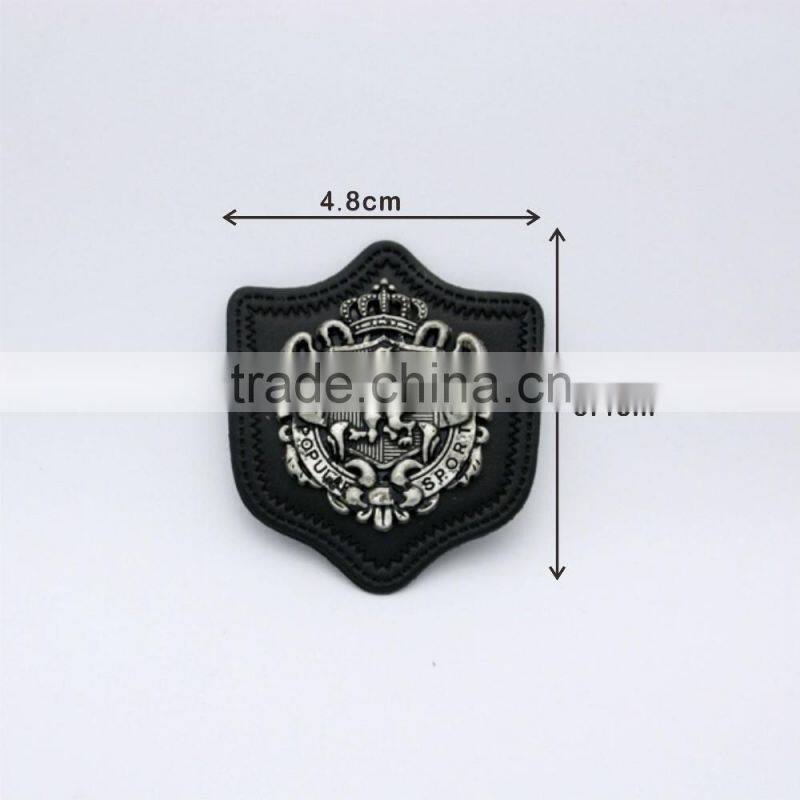 Black PU leather patch sew on label metal alloy logo antique silver color for jeans/sportswear PLB-004