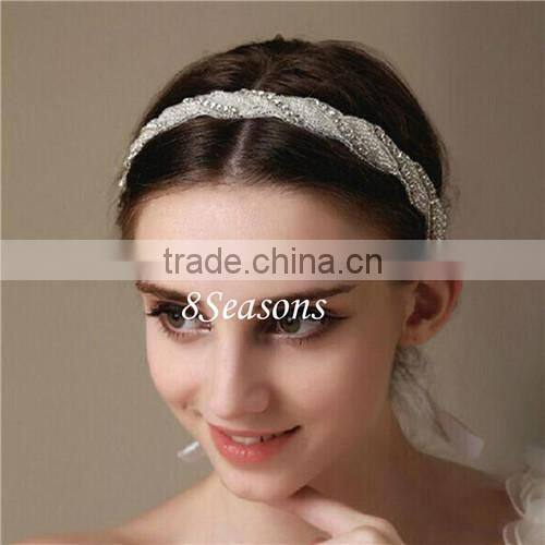 Round White Clear Rhinestone Gauze Headband Headdress Wedding Hair Accessories