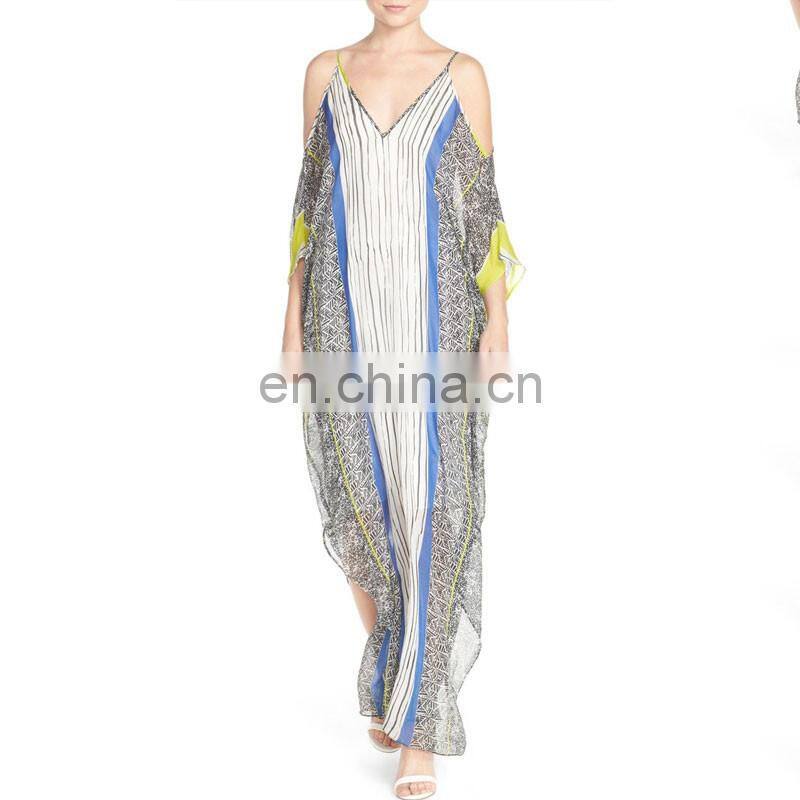 Caftan-style print cold shoulder silk casual chiffon maxi dress latest elegant chiffon casual dresses