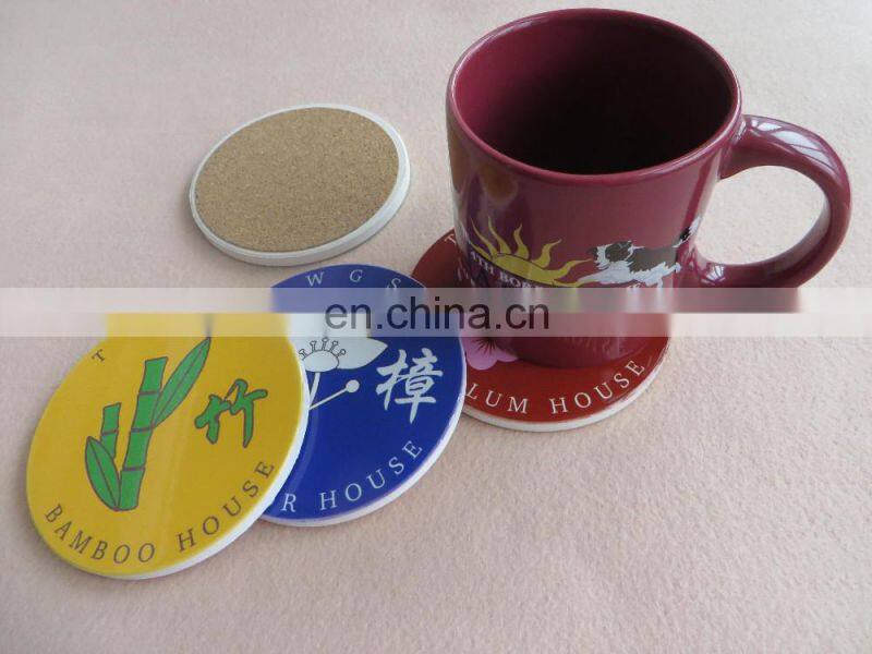 Waterproof porcelain coaster with cork, custom design round ceramic coaster