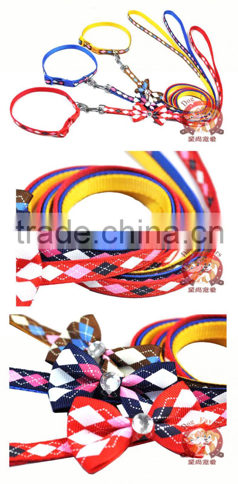 Diamond Check Long Dog Leashes and Cat Collars, Matching Bow Tie