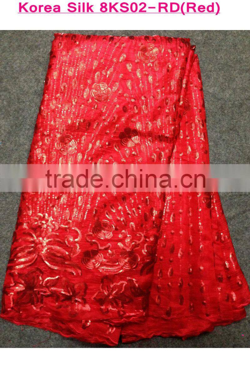 Red wedding dress making lace lastest style Korea silk lace fabric new sample with sequins